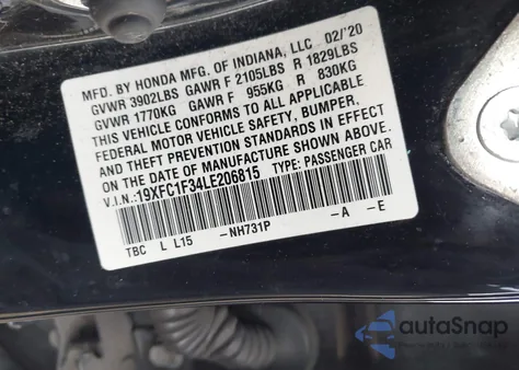 2020 Honda Civic Ex z USA, uszkodzony, nr VIN 19XFC1F34LE206815